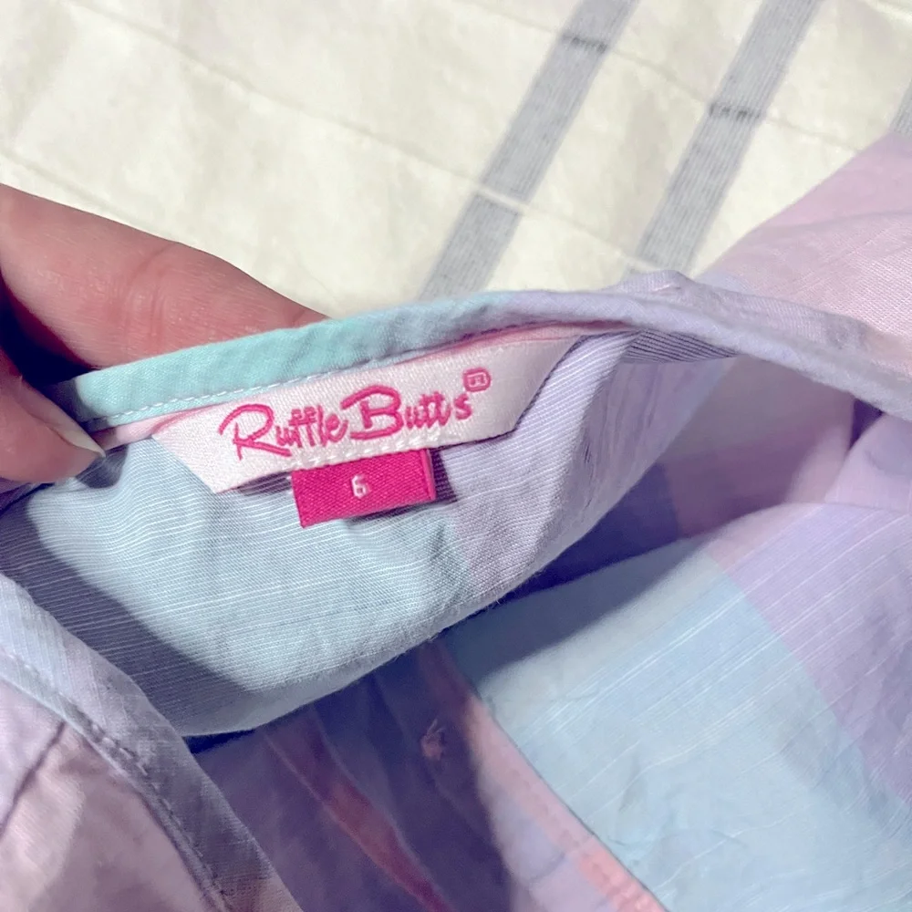 Cotton Candy Plaid Tie Waist Romper by Ruffle Butts, 6Y